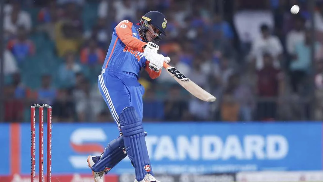 Abhishek Sharma attacking Afghanistan bowling during India's first T Twenty International chase at Arun Jaitley Stadium in Delhi for GNN cricket coverage