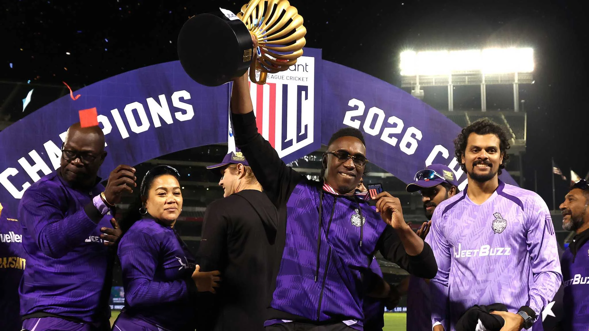 Sunil Narine, Andre Russell and LAKR players celebrate the Major League Cricket championship after a dramatic final, GNN coverage powered by The Guru Gyan