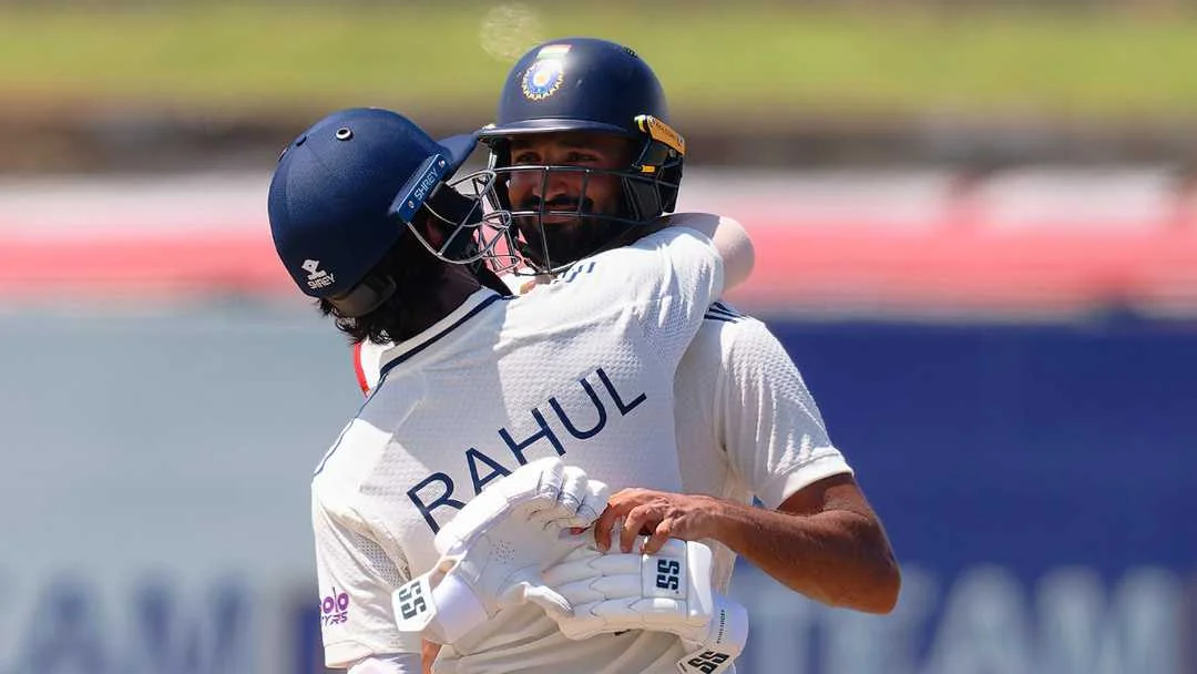 KL Rahul and Devdutt Padikkal celebrate together in India Test whites during the Sri Lanka series, part of GNN coverage powered by The Guru Gyan