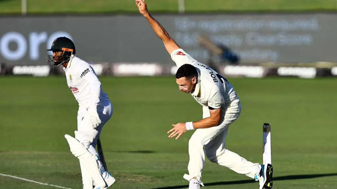 Australia and South Africa Test cricket action during the rain-affected St George's Park second Test, with Scott Boland bowling and Temba Bavuma batting in focus for GNN cricket coverage