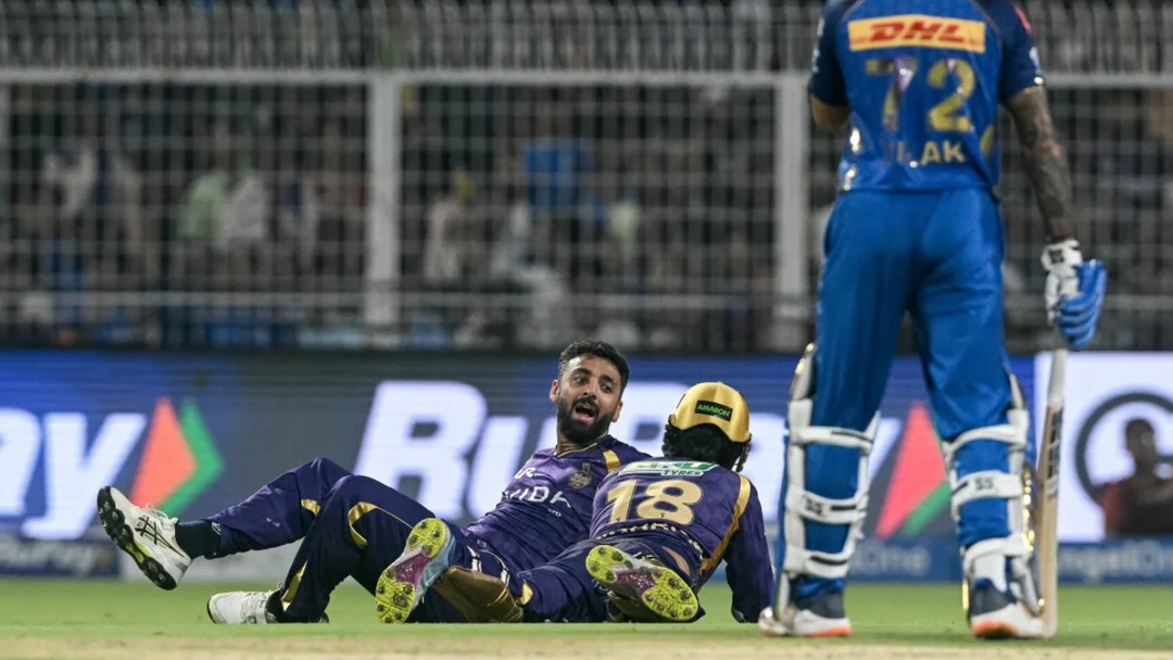 KKR vs MI IPL 2026 match analysis image showing the dropped catch storyline, middle overs pressure and Kolkata Knight Riders chase context on Guru News Network